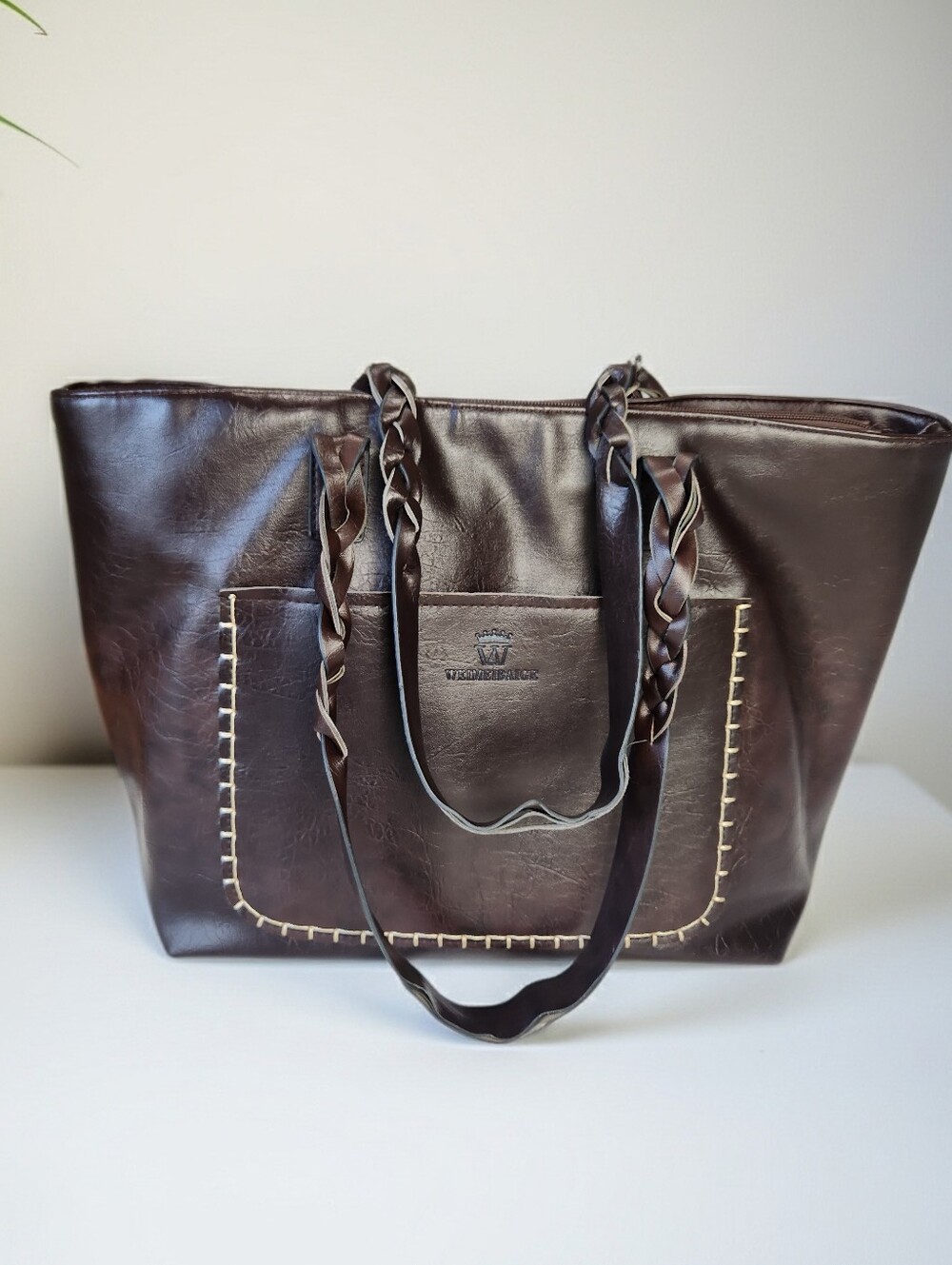 Weimeibaige Brown Vegan Leather Oversized Tote Bag WithBraided Straps